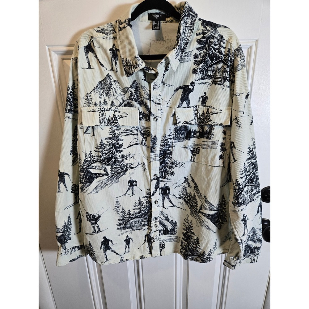 Forever 21 Men Corduroy Button Down Shirt XL Skiing Mountain Print Off White